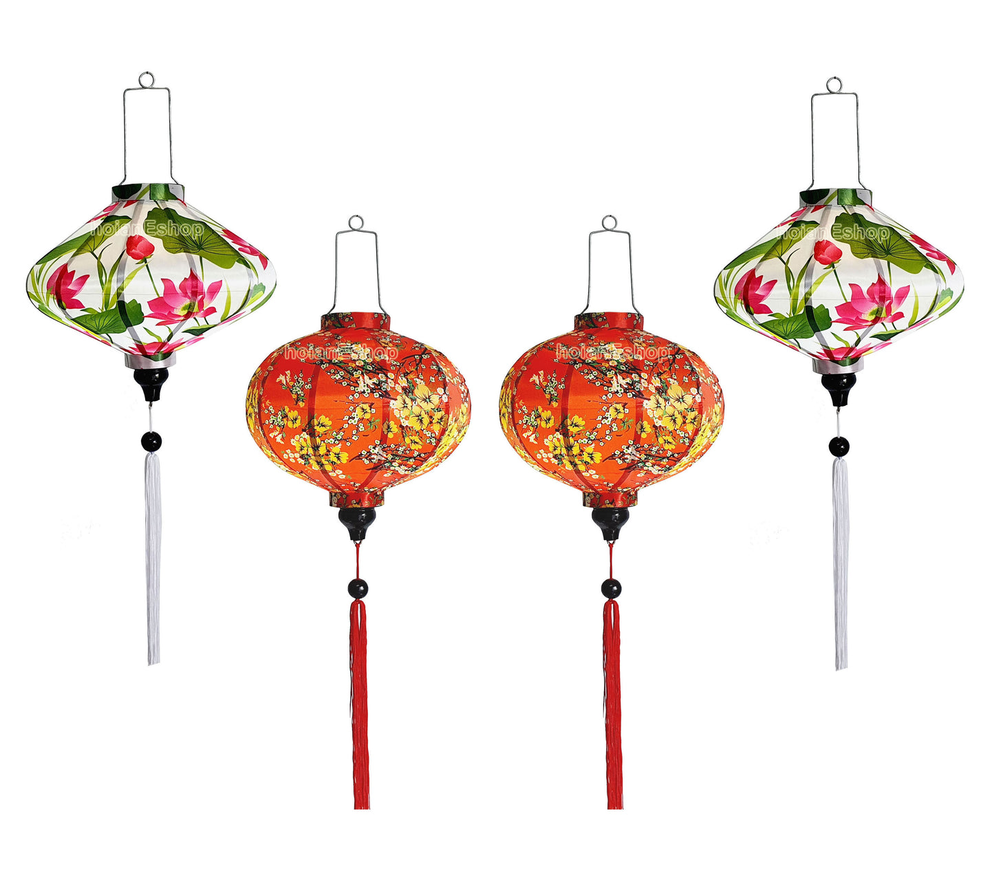 4 Vietnamese Hoi An Silk Lanterns with Apricot flowers fabric - Cherry blossom fabric - New Year Decorations - TET Decorations