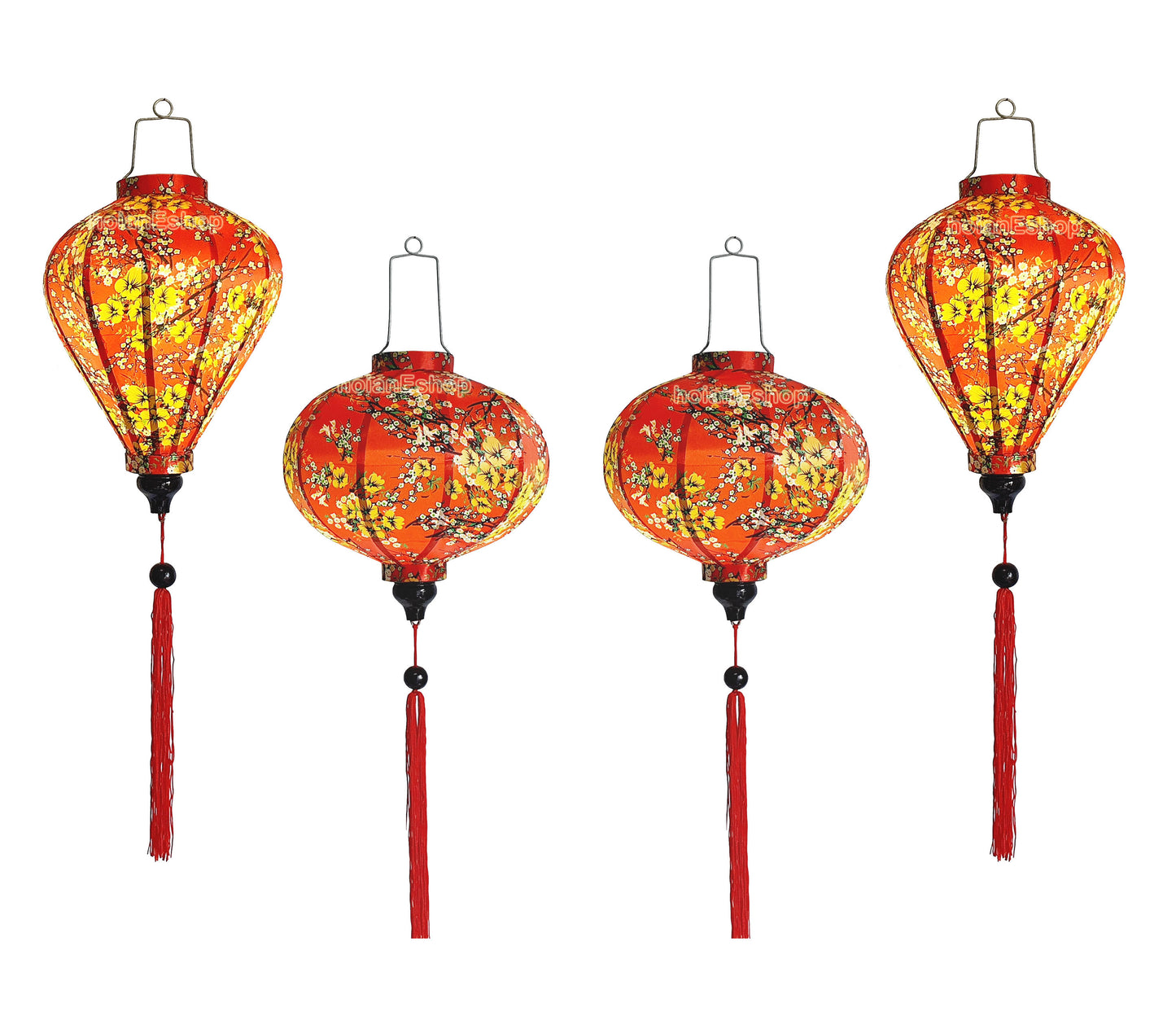 Set 4 Vietnam Silk Lanterns with Apricot flowers fabric for New Year Decorations - TET Decorations - Cherry blossom fabric for Wedding decor