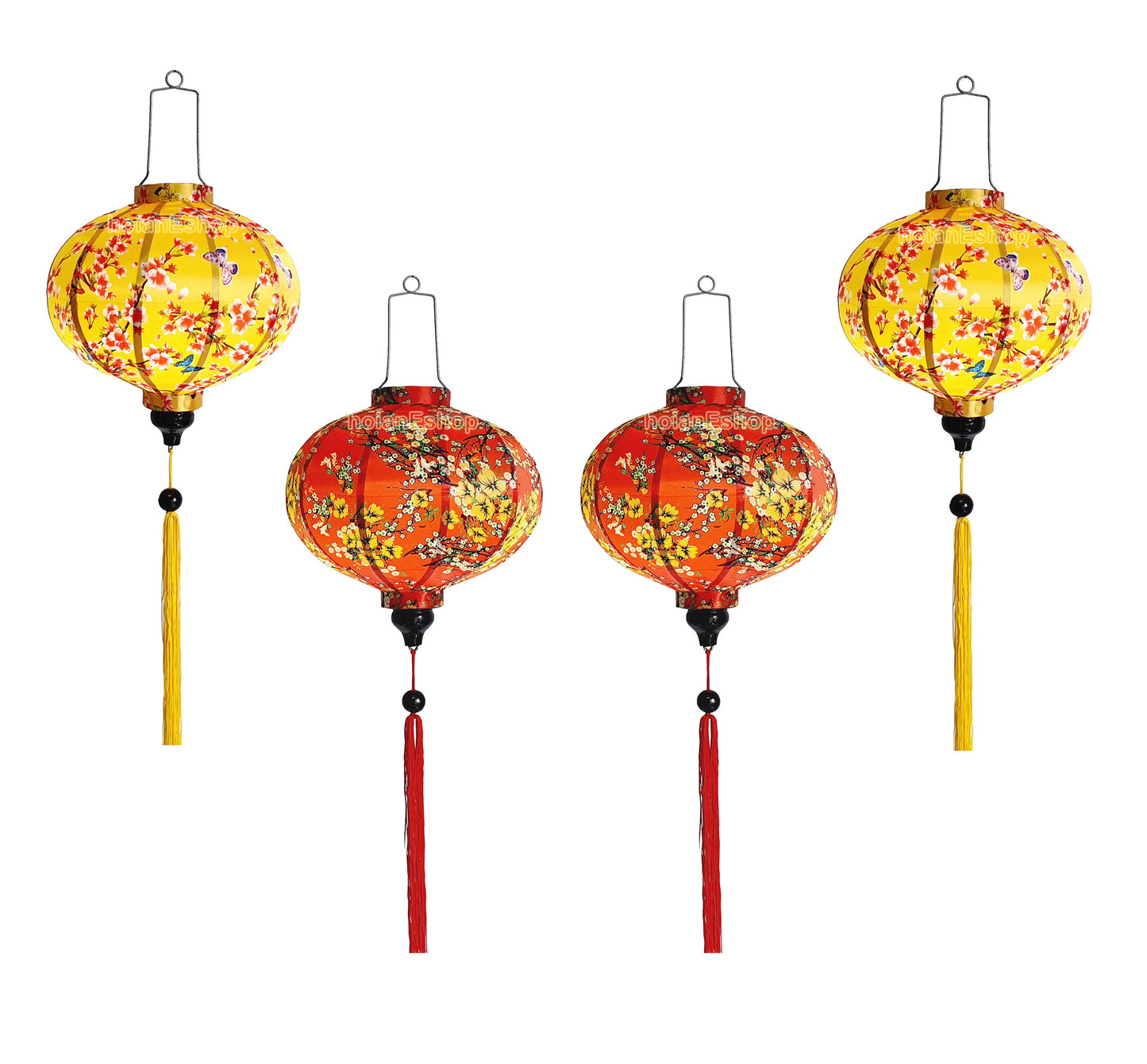 Set 4 Vietnam Silk Lanterns with Apricot flowers fabric for New Year Decorations - TET Decorations - Cherry blossom fabric for Wedding decor