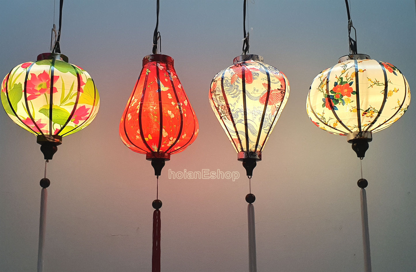 Set of 4 bamboo silk lanterns 35cm - Mix shape and color - Lantern for wedding - Wedding lighting ideas - Home front door decoration