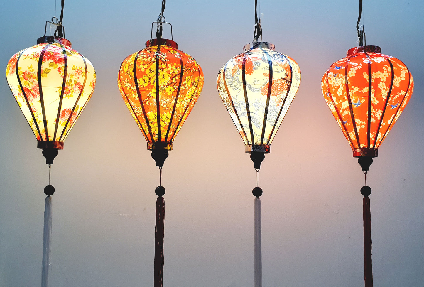 Set of 4 Hoi An bamboo silk lanterns 35cm - Unique 3D printed fabric with flowers - Lanterns for New Year Decor - Wedding decoration idea