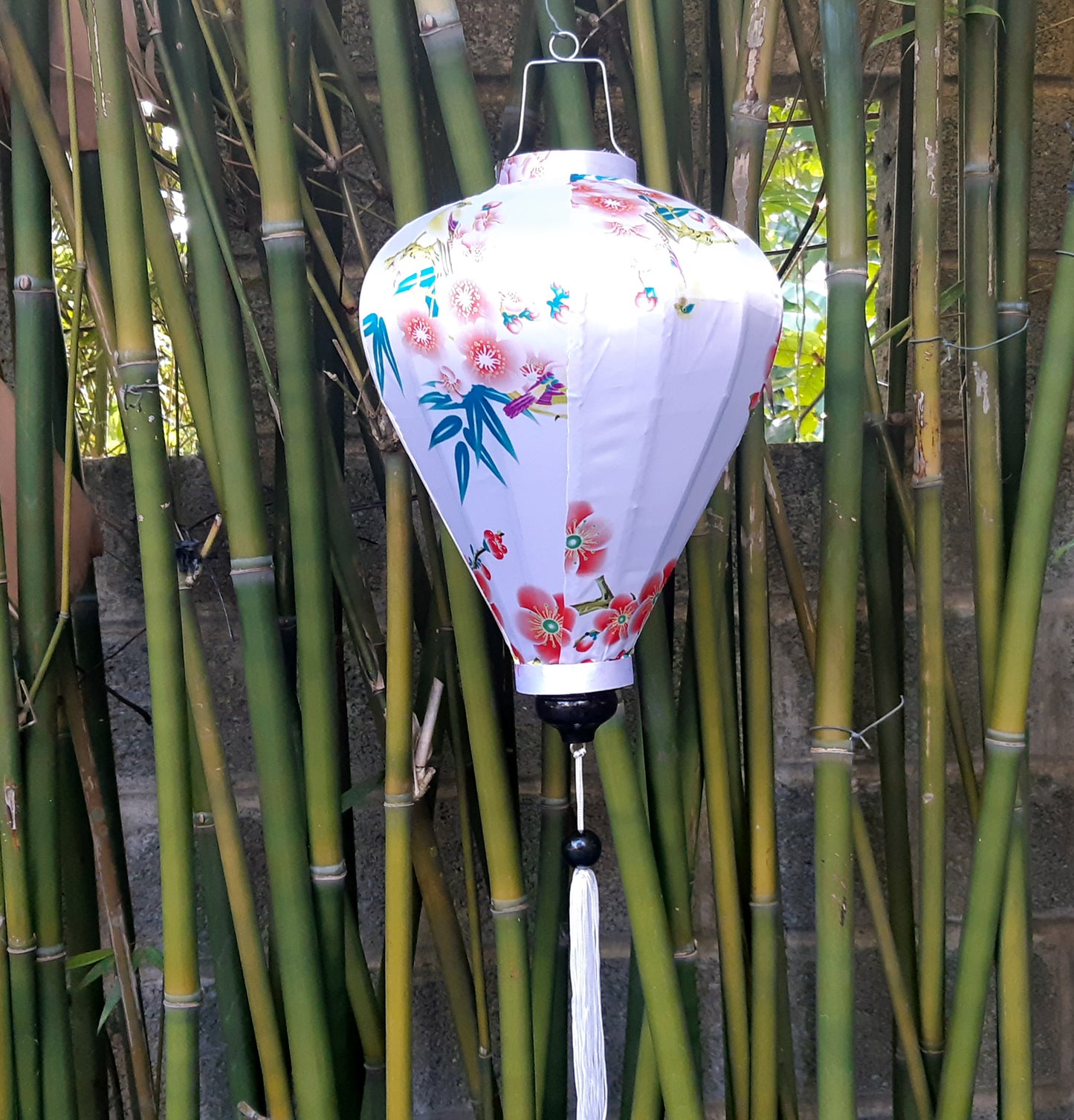 Set 4 pcs of 40cm Vietnamese bamboo lanterns with 3D flowers pattern fabric - Hoi An silk lanterns for garden decoration