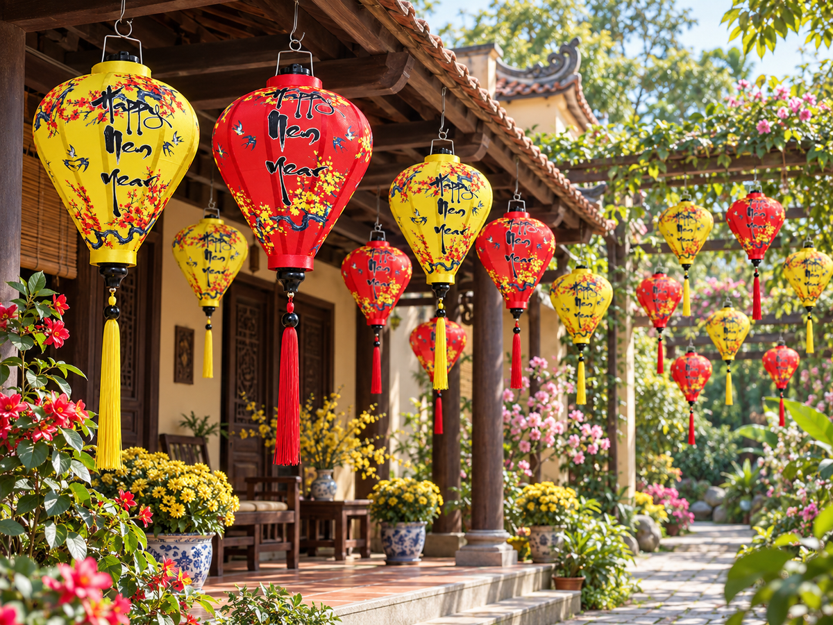 Set of 50 Vietnamese Lanterns with Yellow Apricot Blossom Prints and “Happy New Year” - Lunar New Year Decorations