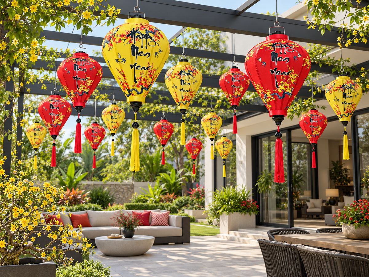 Set of 50 Vietnamese Lanterns with Yellow Apricot Blossom Prints and “Happy New Year” - Lunar New Year Decorations