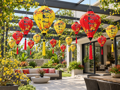 Set of 50 Vietnamese Lanterns with Yellow Apricot Blossom Prints and “Happy New Year” - Lunar New Year Decorations