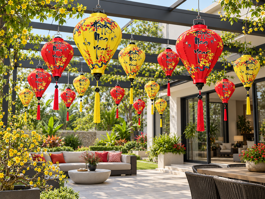 Set of 50 Vietnamese Lanterns with Yellow Apricot Blossom Prints and “Happy New Year” - Lunar New Year Decorations