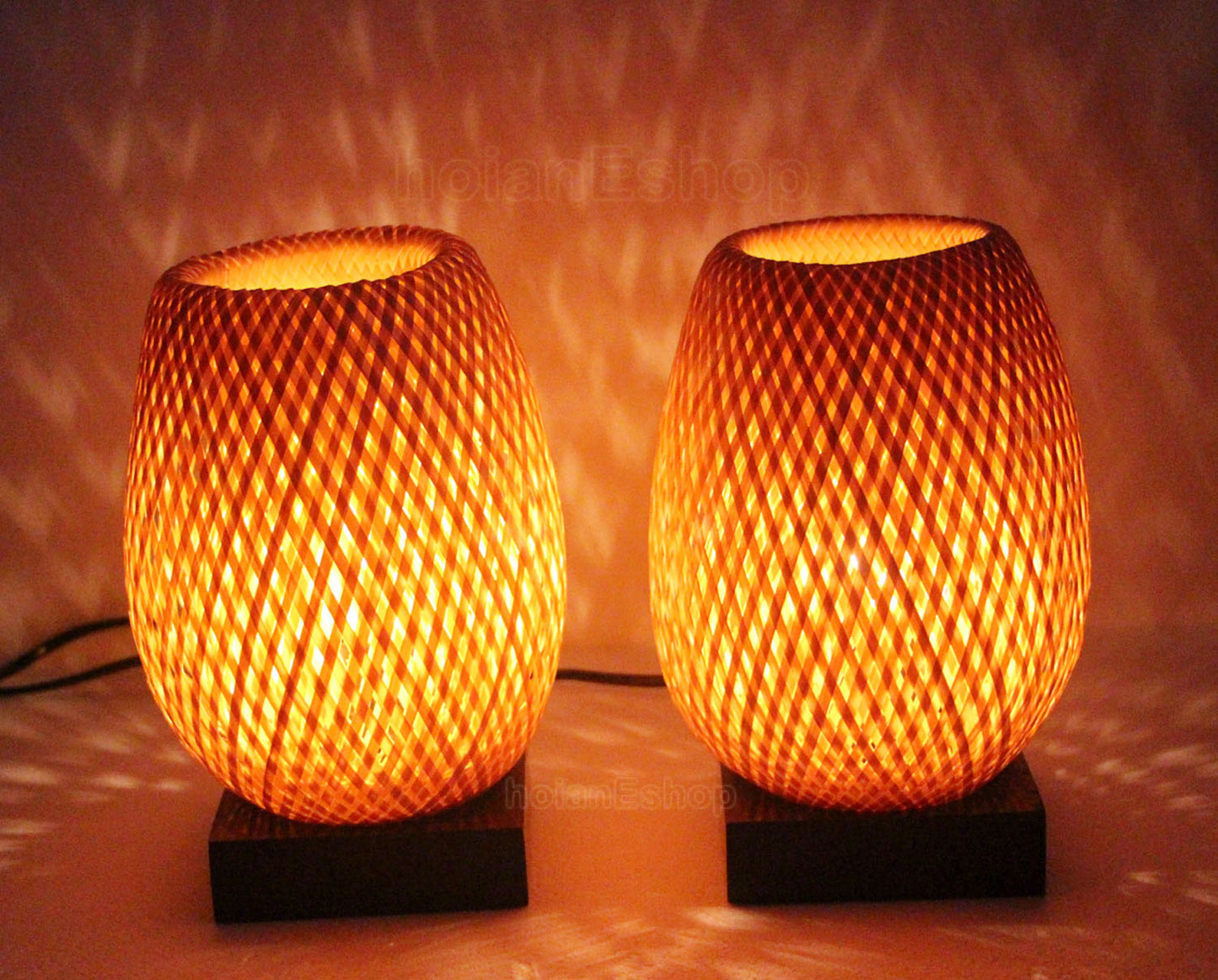 Handmade bamboo bedside lamp (20cm) with light bulb and dimmer for bedroom , living room