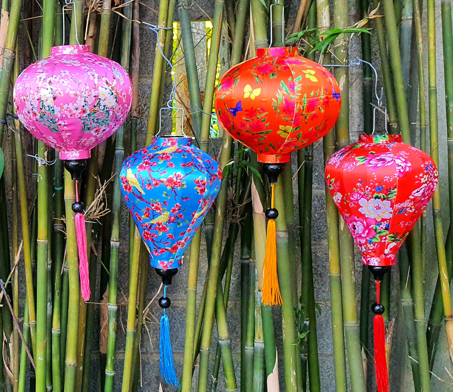 4 Vietnamese HOI AN Silk Lanterns (35cm) - Flower fabric lanterns for WEDDING Party Decor - Bamboo lanterns for Restaurant decor