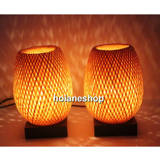 Set of 2 pcs bamboo bedside lamp (20cm) with light bulb and dimmer for home decor - wedding decoration