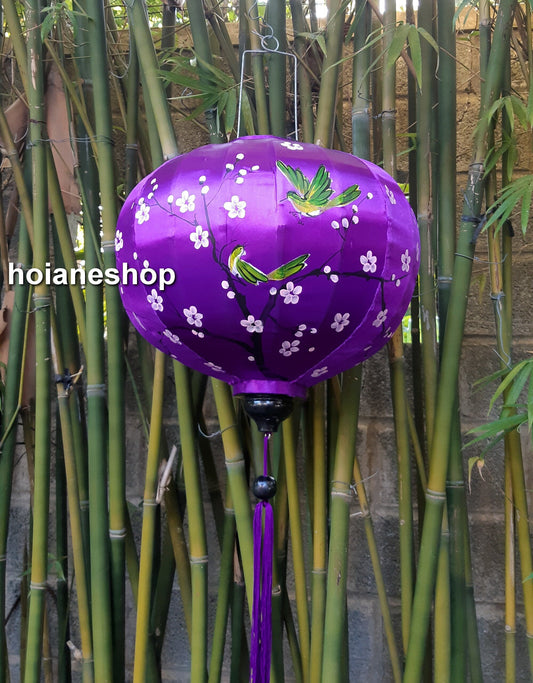 Set 2 pcs flower hoi an bamboo silk lanterns 55cm Lanterns for garden decor Outdoor Wedding decor Purple lanterns with flowers and birds