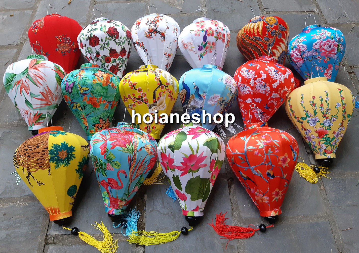 Set 16 pcs of 40cm Vietnam silk lanterns with flower printing on fabric - Hoi An lanterns for Wedding party decor Christmas tree decor