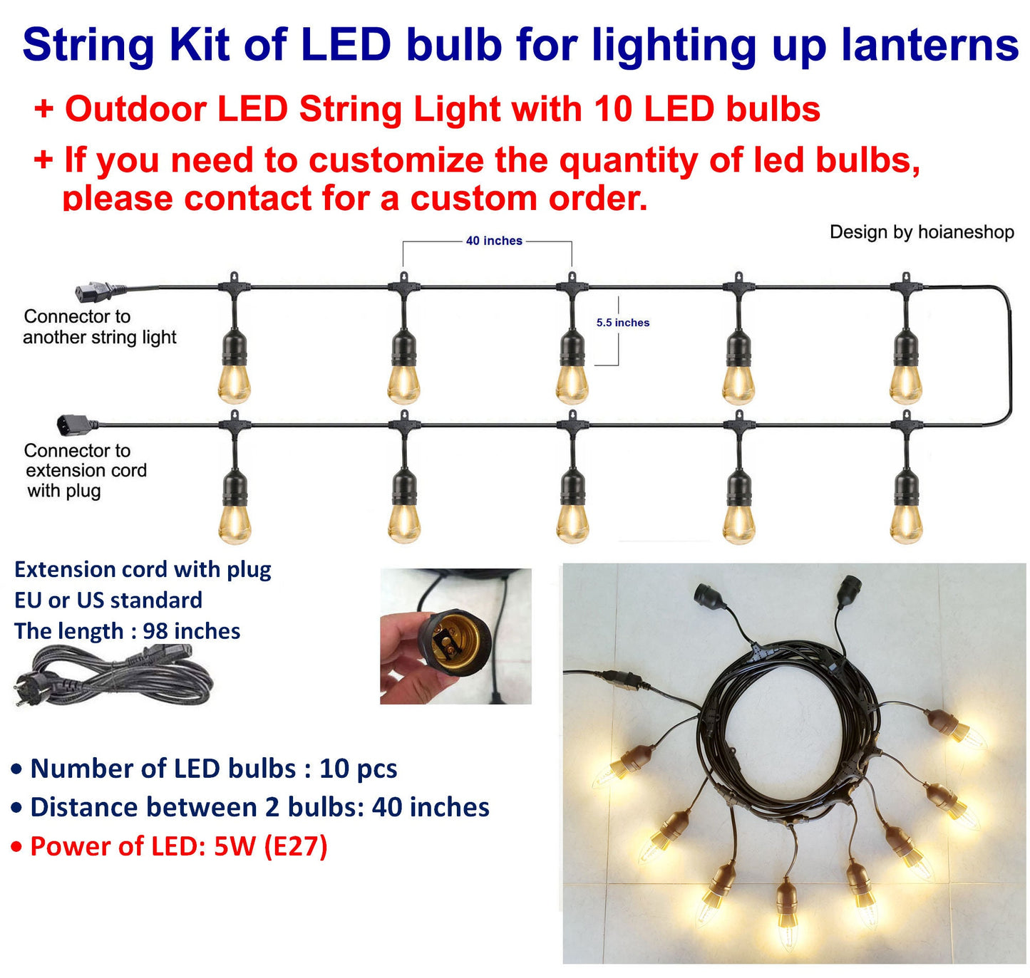 Outdoor String light kit of 10 pcs LED bulbs for lighting up Vietnamese silk lanterns, String Light Waterproof for Garden Party Wedding