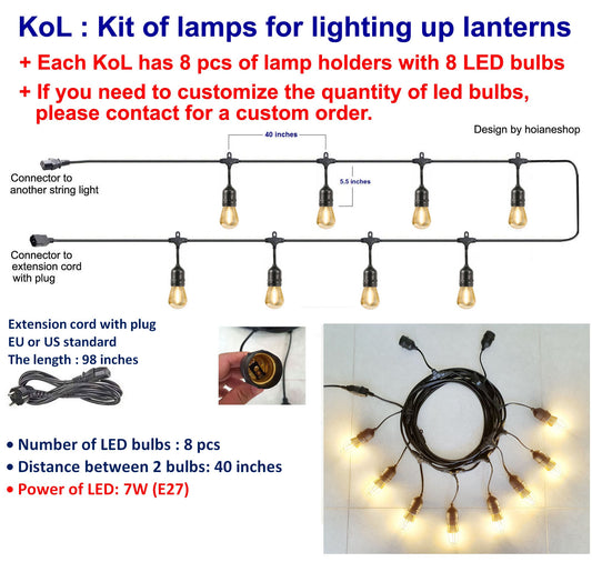 Outdoor String light kit of 8 pcs LED bulbs for lighting up Vietnamese silk lanterns, String Light Waterproof for Garden Party Wedding