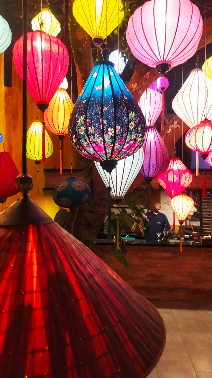 Vietnam bamboo silk lanterns - 3D printed fabric with flowers - Lanterns for wedding - lamp for garden decor - lanterns centerpieces