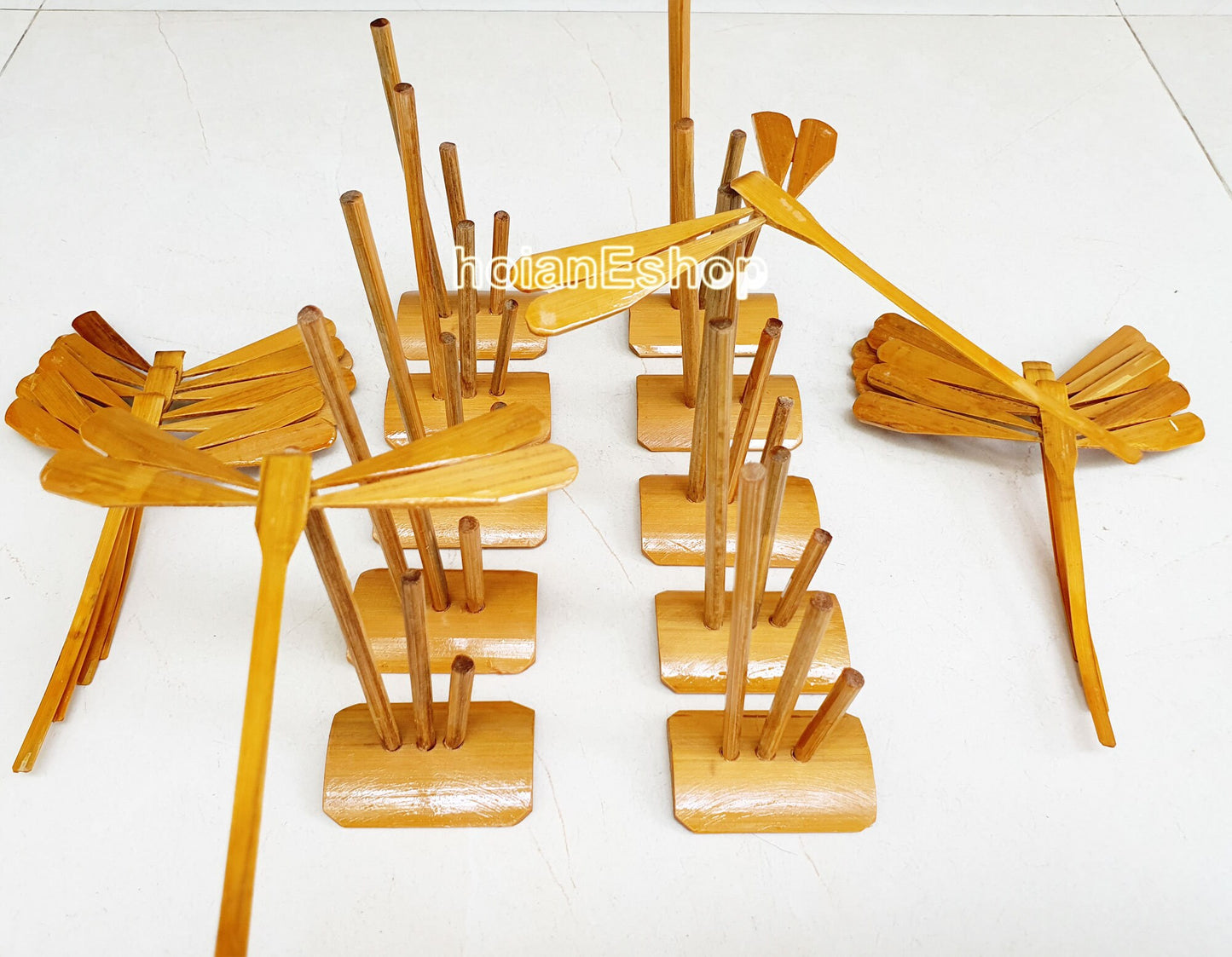 Set 10 pcs unpainted bamboo dragonflies and 10 pcs bamboo stand for dragonfly for children gifts for baby, natural toy for children