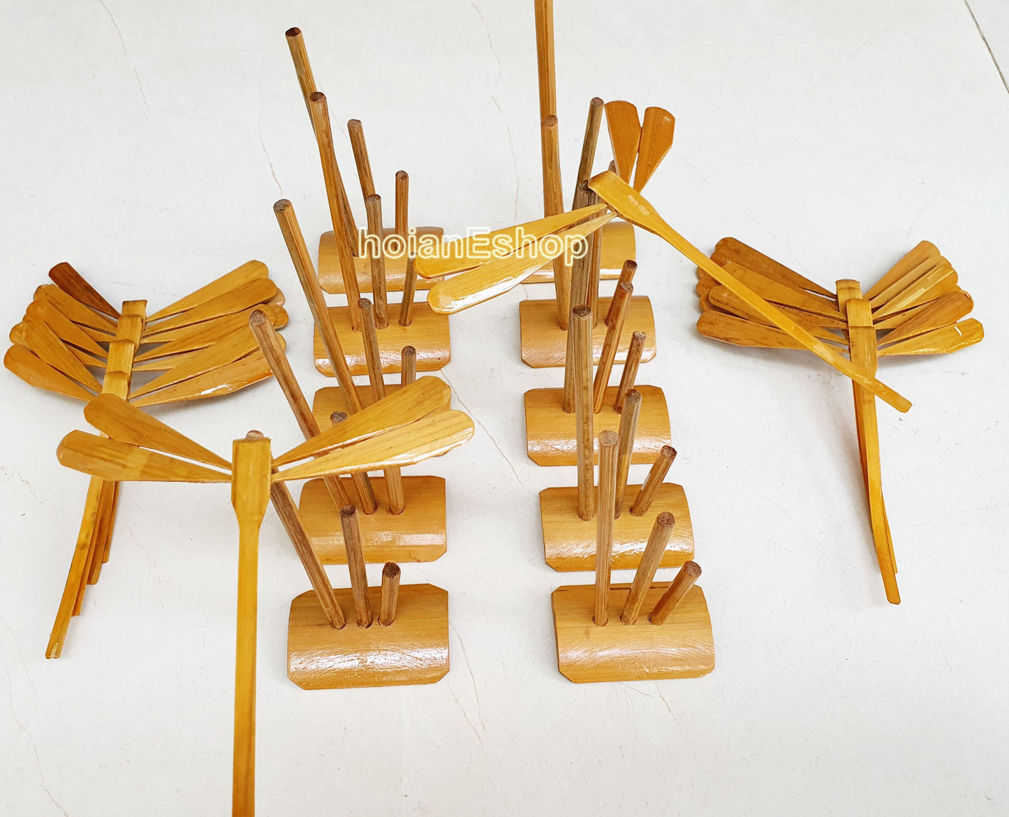 Set 10 pcs unpainted bamboo dragonflies and 10 pcs bamboo stand for dragonfly for children gifts for baby, natural toy for children