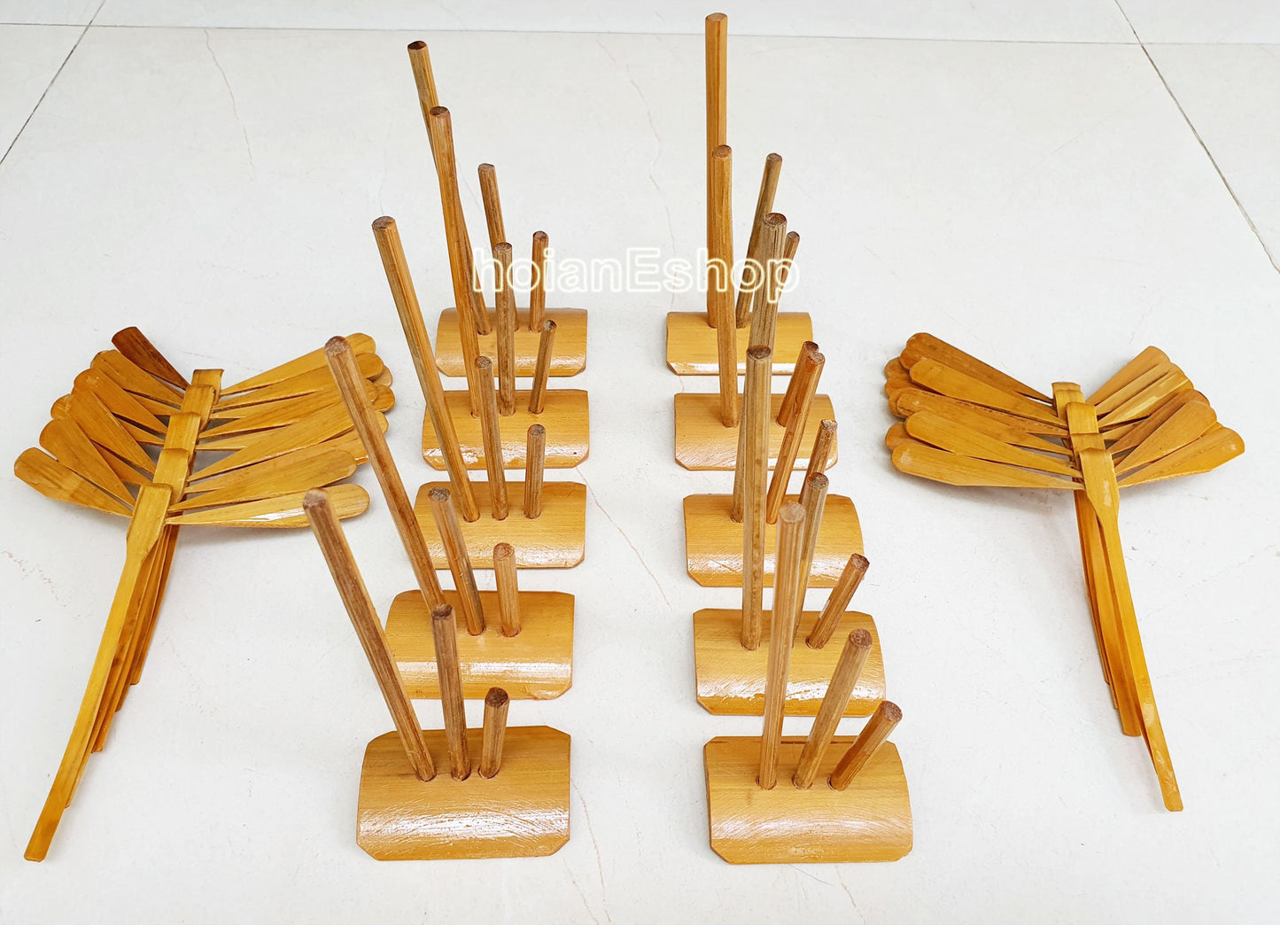 Set 10 pcs unpainted bamboo dragonflies and 10 pcs bamboo stand for dragonfly for children gifts for baby, natural toy for children