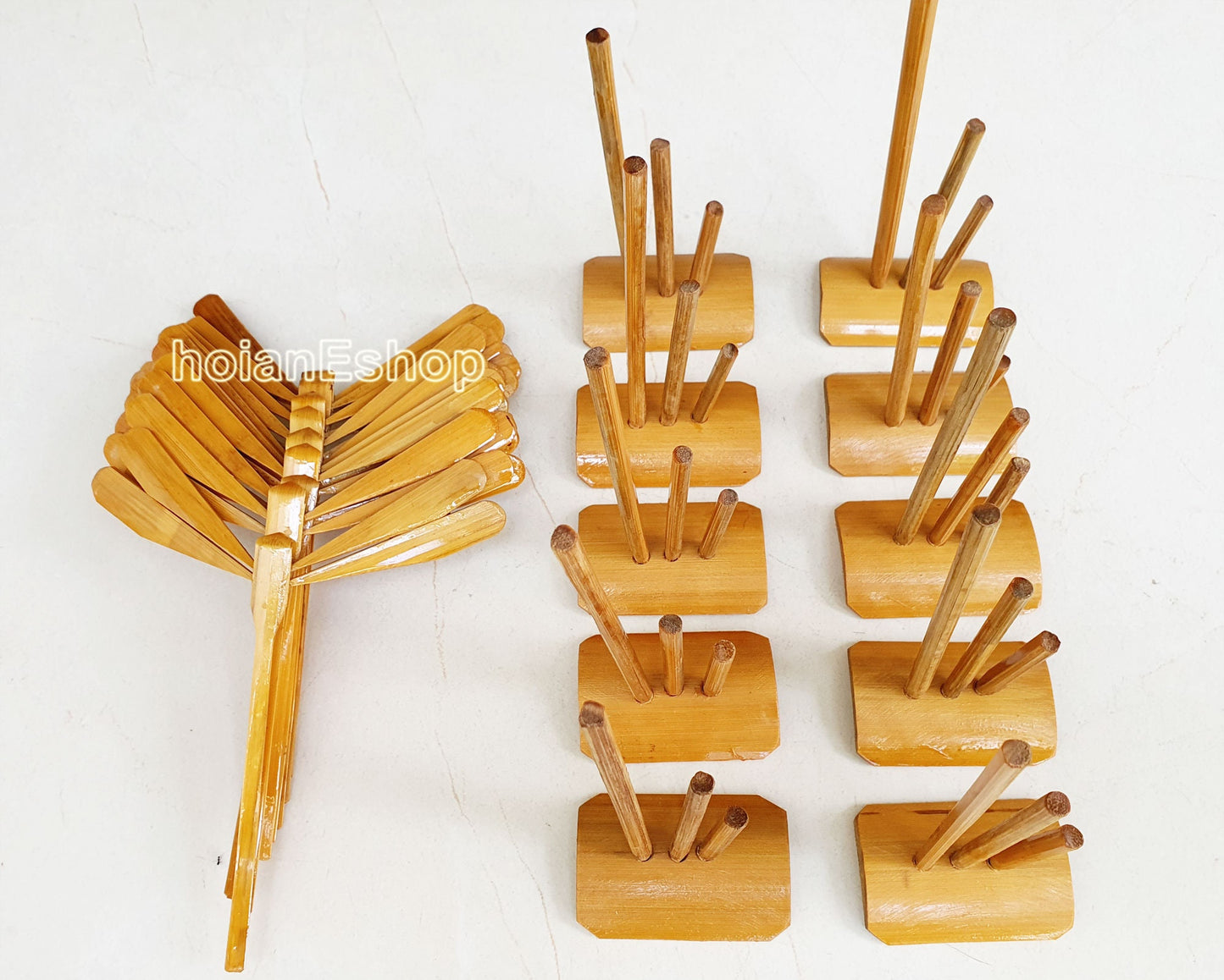 Set 10 pcs unpainted bamboo dragonflies and 10 pcs bamboo stand for dragonfly for children gifts for baby, natural toy for children