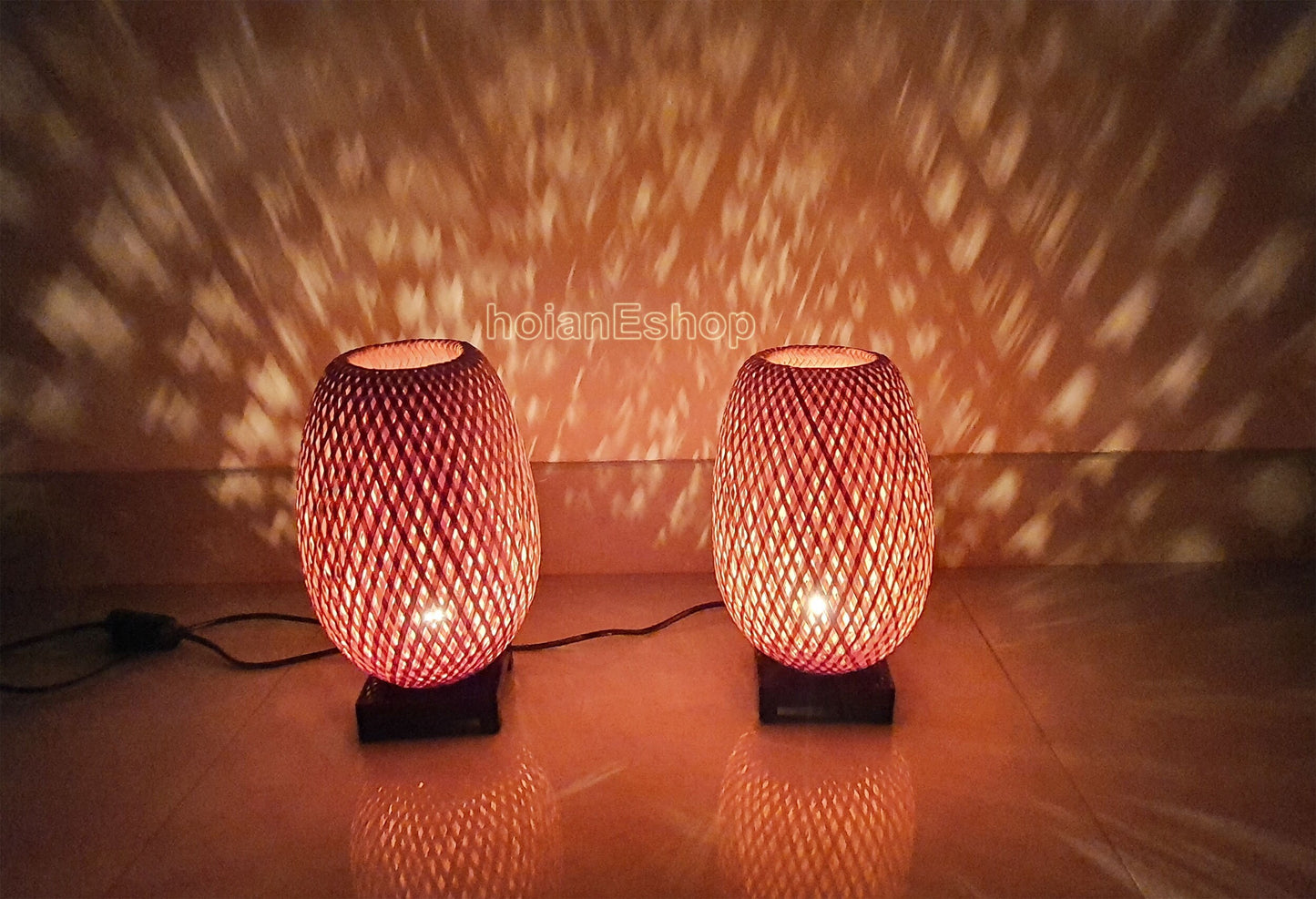 Set 2 pcs of 28cm bamboo bedside lamps with dimmer for bedroom, table lamps, floor lamps for living room, bamboo lampshade for home decor