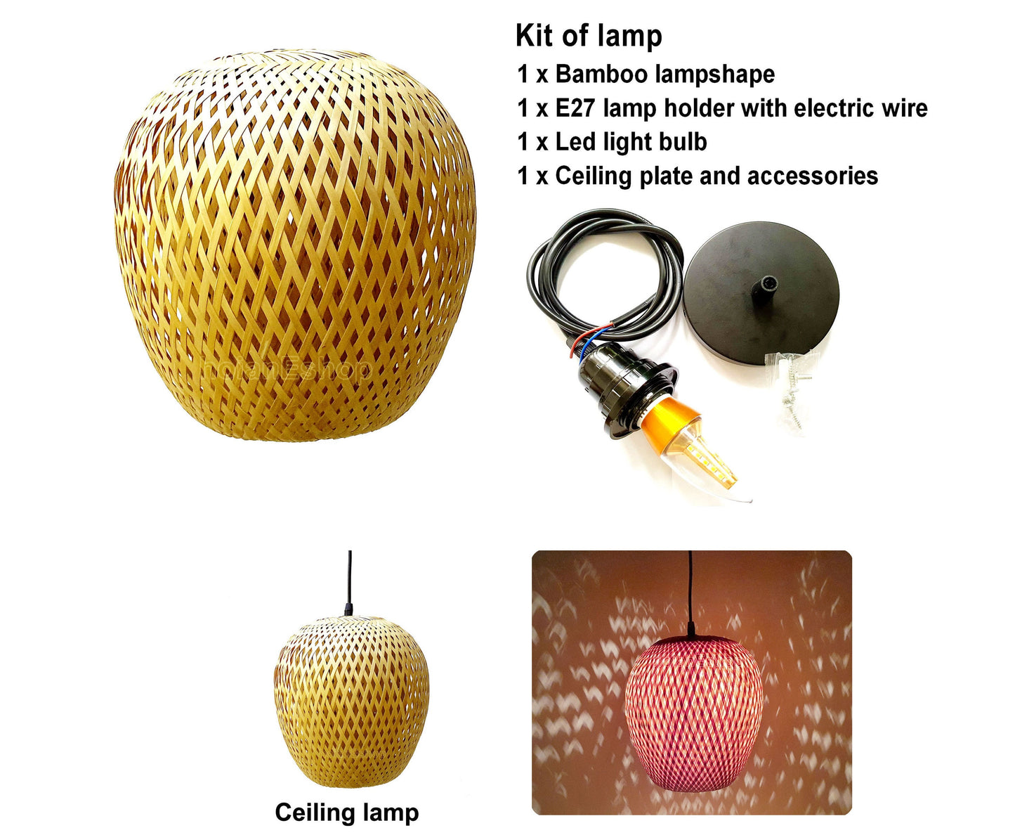 Round Bamboo Lamp (26cm) Pedant Light Ceiling light Rattan Lamp for Ceiling hanging Living room, Kitchen Decoration, Bedroom decoration