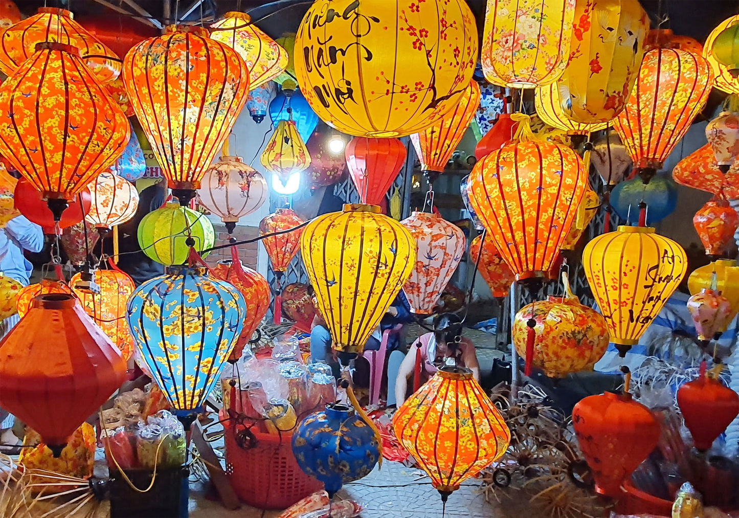 Set 8 pcs bamboo silk lanterns - Including Outdoor String of LED bulbs - Flowers 3D printed on fabric for desk restaurant decor Garden decor