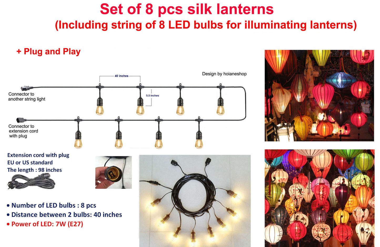 Set 8 pcs Hoi An silk lanterns 35cm for wedding decoration - garden decor (Including string of 8 LED bulbs for lighting up lanterns)