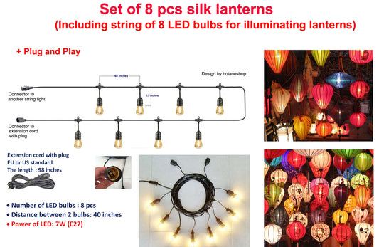 Set 8 pcs Hoi An silk lanterns 35cm for wedding decoration - garden decor (Including string of 8 LED bulbs for lighting up lanterns)