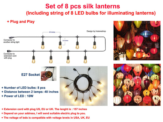 Set 8 pcs bamboo silk lanterns - Including Outdoor String of LED bulbs - Flowers 3D printed on fabric for desk restaurant decor Garden decor