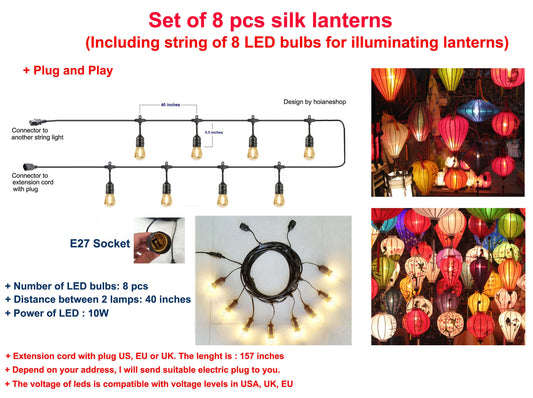 Set 8 pcs Vietnam silk lanterns 35cm (Including Outdoor String of LED bulbs) for outdoor wedding decoration - garden party lanterns