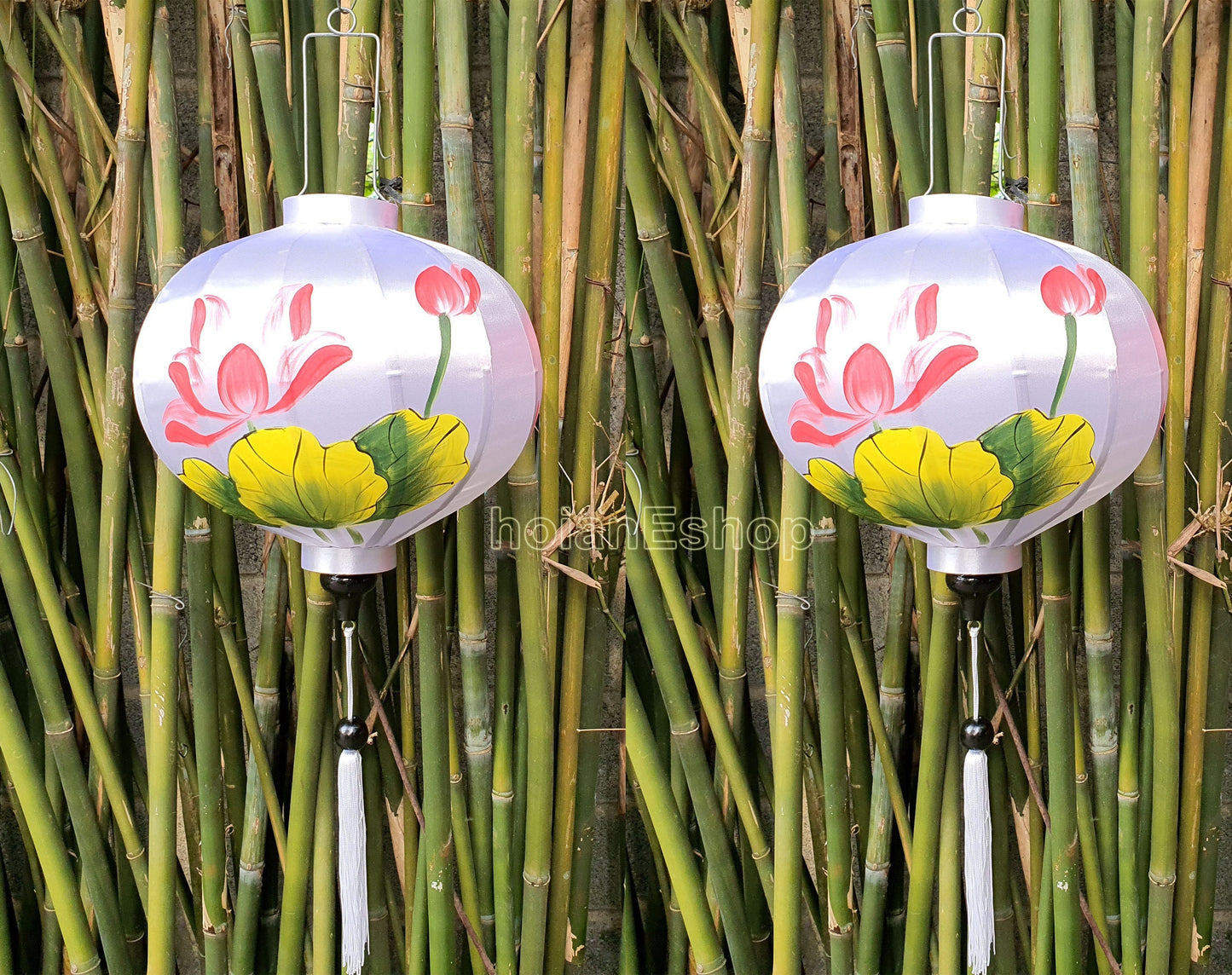 Set of 2 pcs Vietnam silk lanterns - Hand painted lotus lantern 40cm - Custom made lantern - Restaurant lanterns - Patio lantern