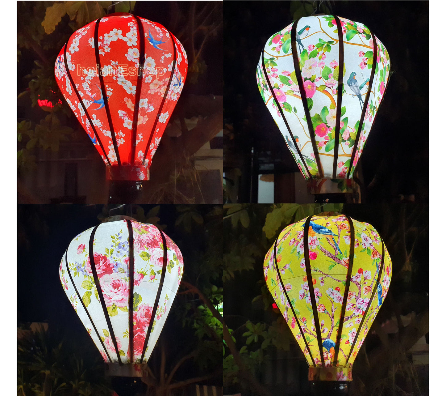 Set of 4 Hoi An Bamboo Silk lanterns 35cm - Mix shape - Custom made - Wedding decoration - Lanterns for wedding tents - Ceiling lamp