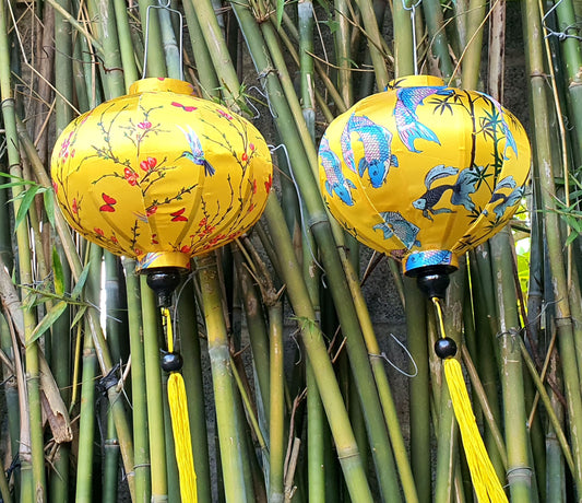 Set 2 pcs Vietnam bamboo Silk lanterns - 3D printed silk lanterns for Garden decoration - Wedding decoration, lanterns for restaurant