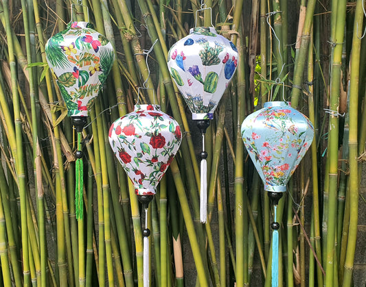 4 Vietnamese HOI AN Silk Lanterns (35cm) - Flower fabric lanterns for WEDDING Party Decor - Bamboo lanterns for Restaurant decor