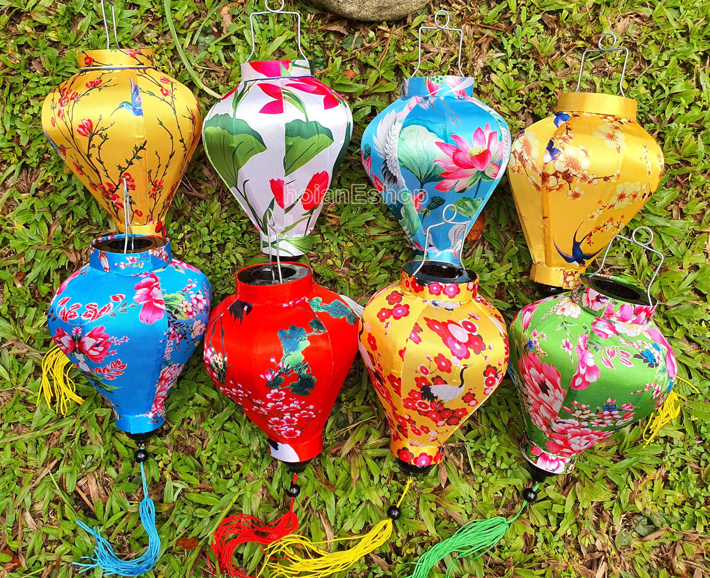 Set 8 pcs 3D printed flower silk lanterns 22cm, Vietnam silk lanterns for garden decorative, Lanterns for wedding decorative