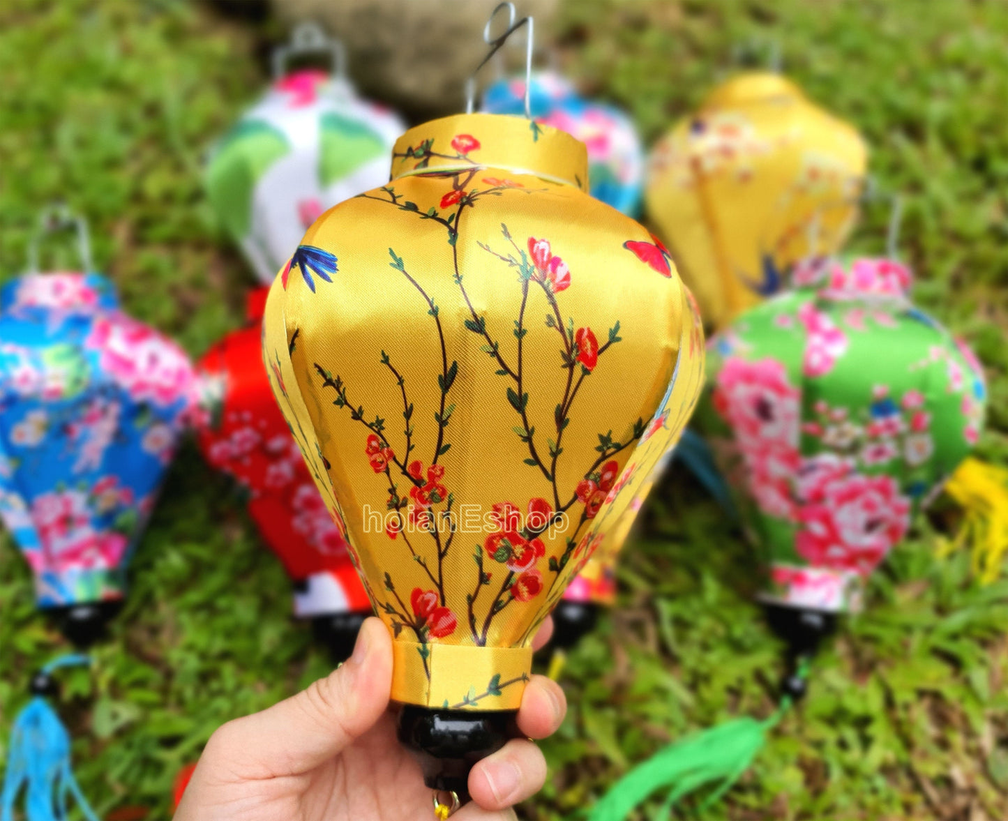 Set 8 pcs 3D printed flower silk lanterns 22cm, Vietnam silk lanterns for garden decorative, Lanterns for wedding decorative