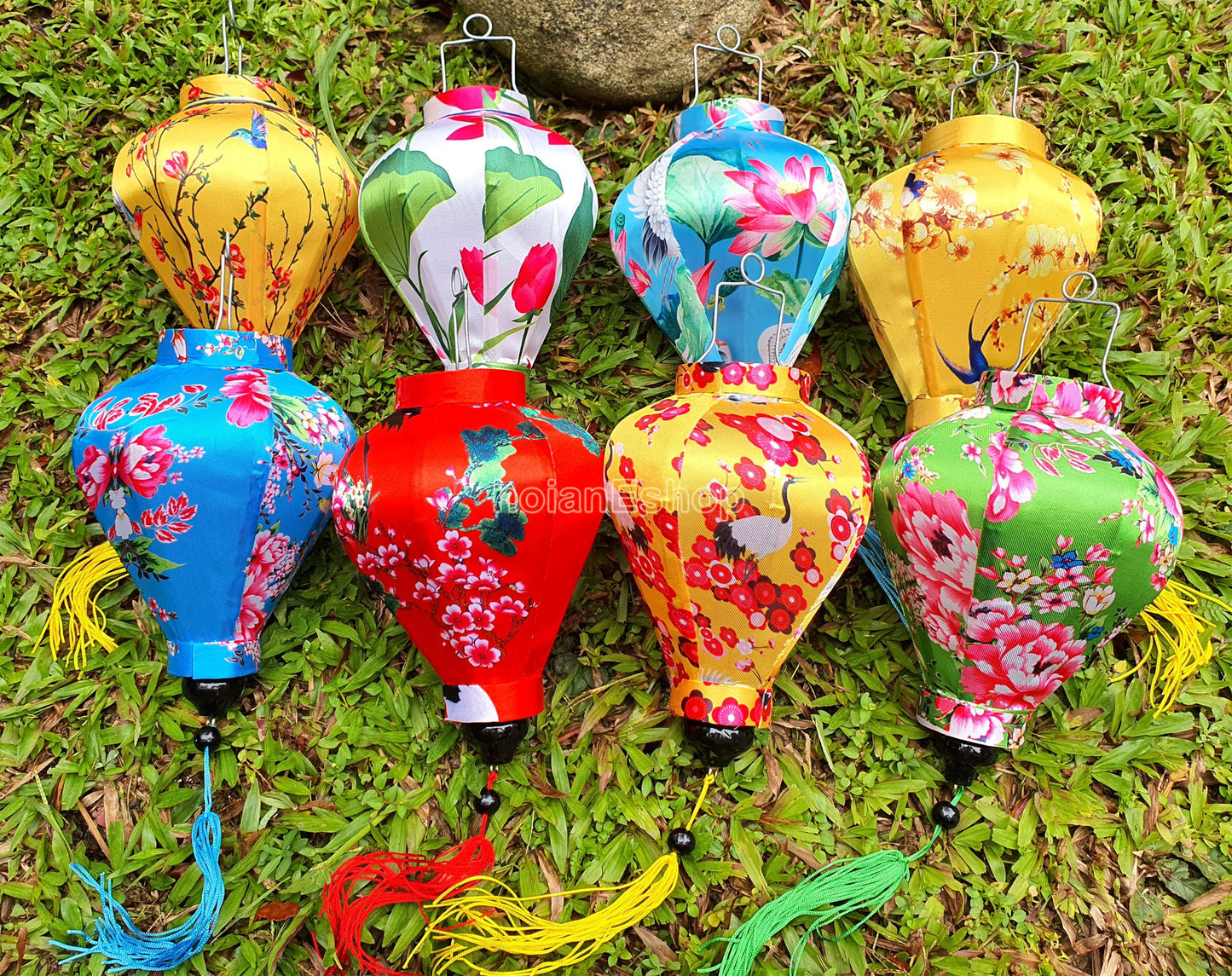 Set 8 pcs 3D printed flower silk lanterns 22cm, Vietnam silk lanterns for garden decorative, Lanterns for wedding decorative