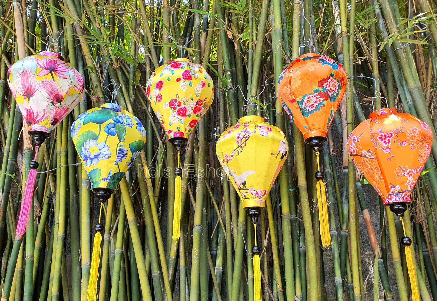 Set of 6 Hoi An bamboo silk lanterns 35cm - Mix shape and color - Personalization - Patio decoration - Wedding lanterns - Garden lanterns