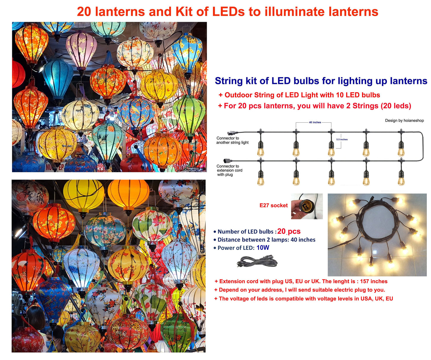 Set 20 Vietnamese HoiAn 3d flower fabric silk lanterns 35cm (Including String light kit of 20 LED bulbs for lighting up lanterns)