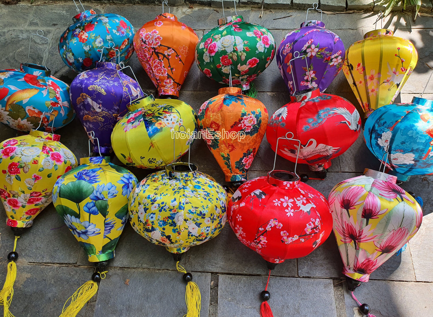 Set 20 Vietnamese HoiAn 3d flower fabric silk lanterns 35cm (Including String light kit of 20 LED bulbs for lighting up lanterns)