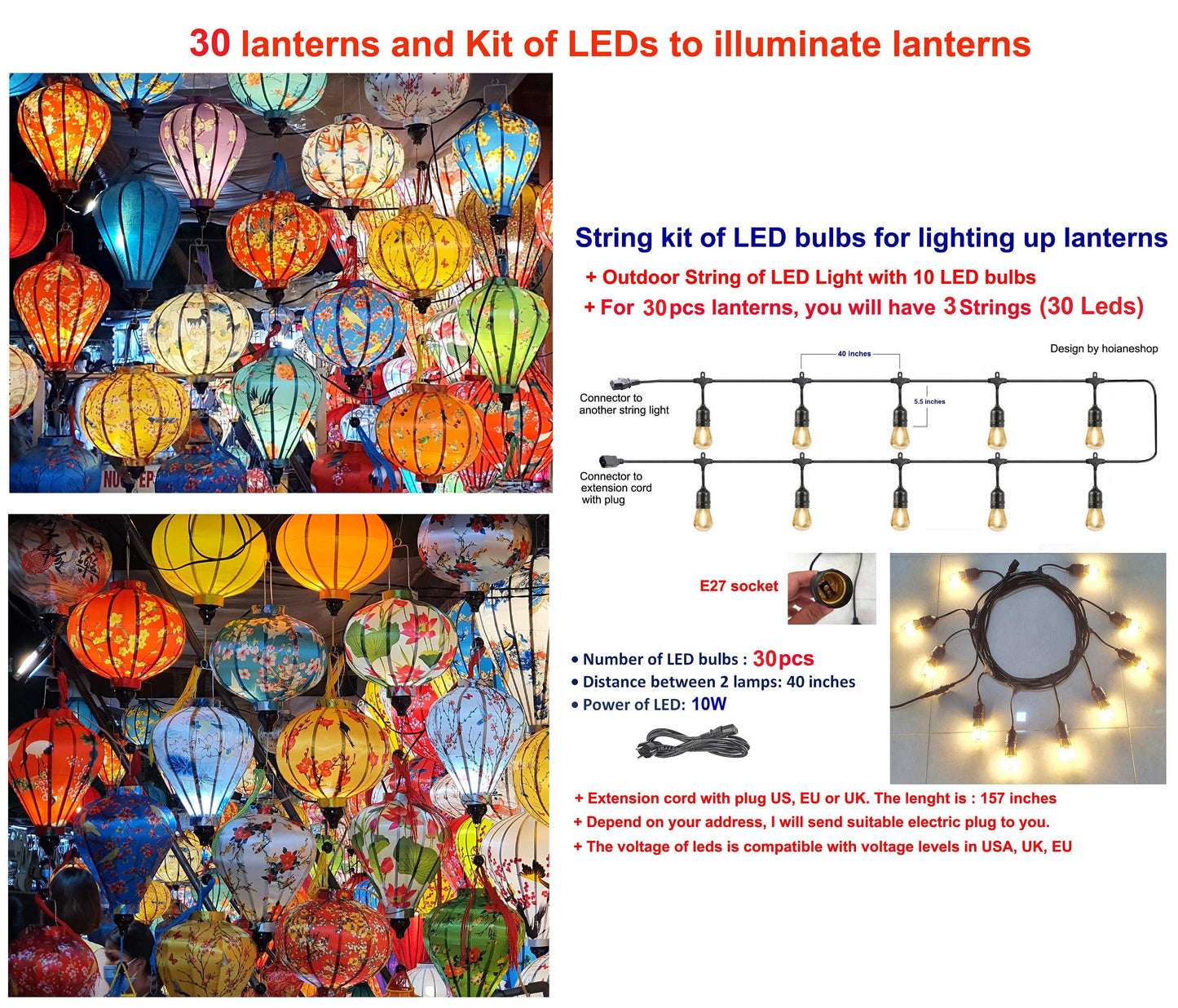 Set 30 pcs Vietnam Silk Lanterns 35 cm for Restaurant Decoration, Outdoor Party Decoration, Garden Party Decoration