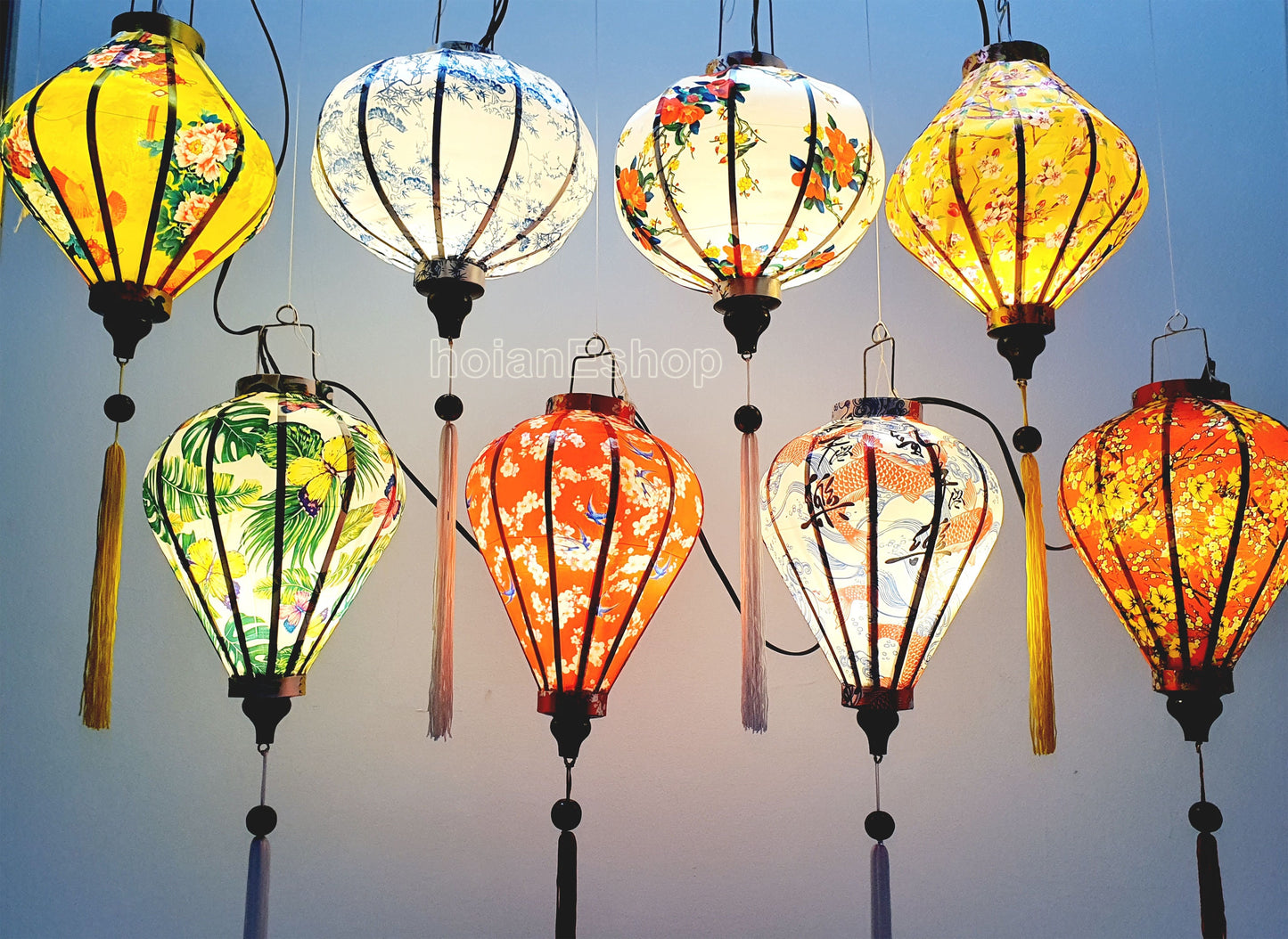 Set 8 Bamboo Silk Lanterns 35cm - Wedding decor - Lanterns for Patio decor - Living room decor - Restaurant decorations -Mix shape and color