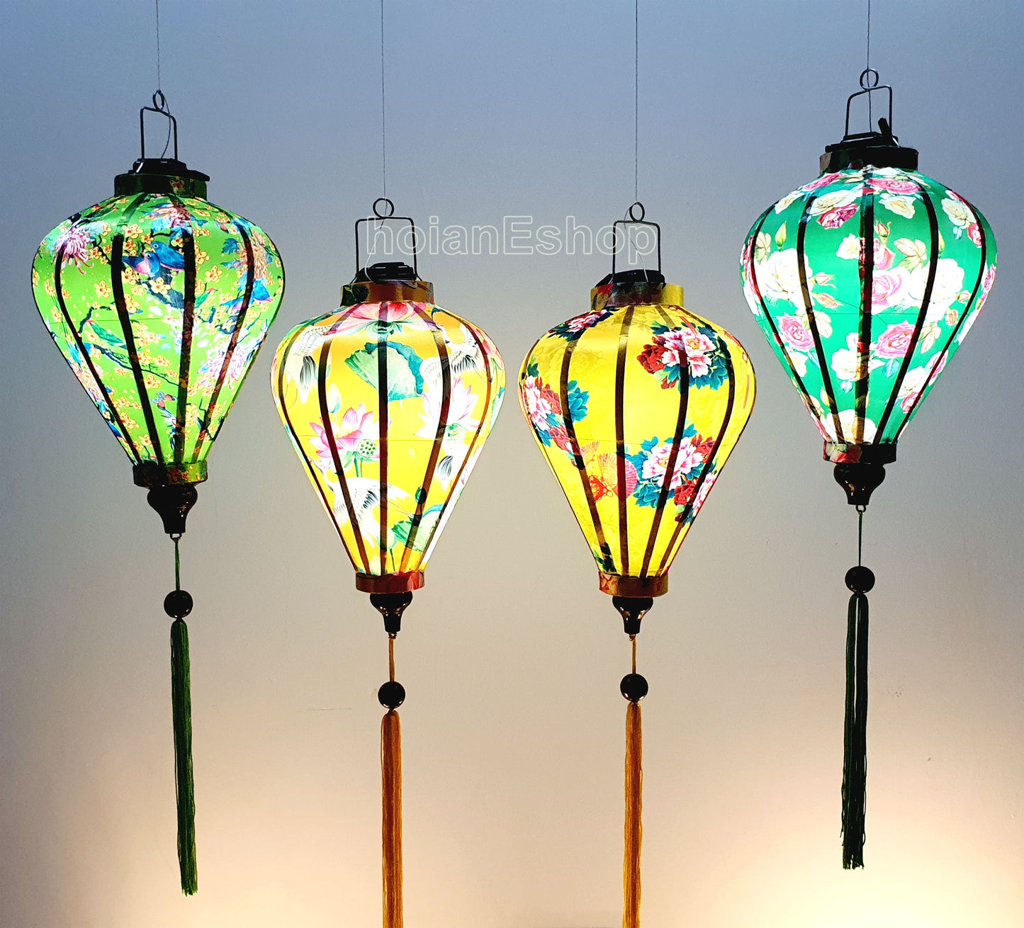 Set of 4 Hoi An bamboo silk lanterns 35cm - Unique 3D printed fabric with flowers - Lanterns for New Year Decor - Wedding decoration idea