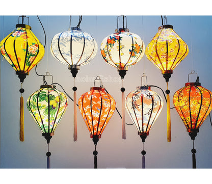 Set 8 Bamboo Silk Lanterns 35cm - Wedding decor - Lanterns for Patio decor - Living room decor - Restaurant decorations -Mix shape and color