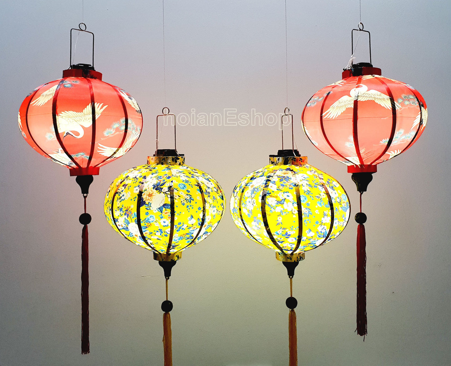 Set of 4 Hoi An bamboo silk lanterns 35cm - Unique 3D printed fabric with flowers - Lanterns for New Year Decor - Wedding decoration idea