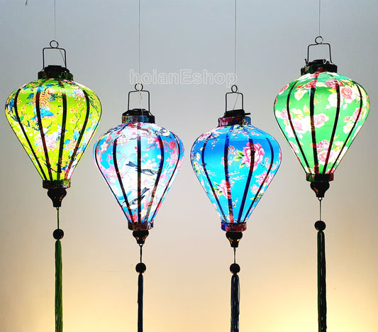 Set of 4 Hoi An bamboo silk lanterns 35cm - Unique 3D printed fabric with flowers - Lanterns for New Year Decor - Wedding decoration idea