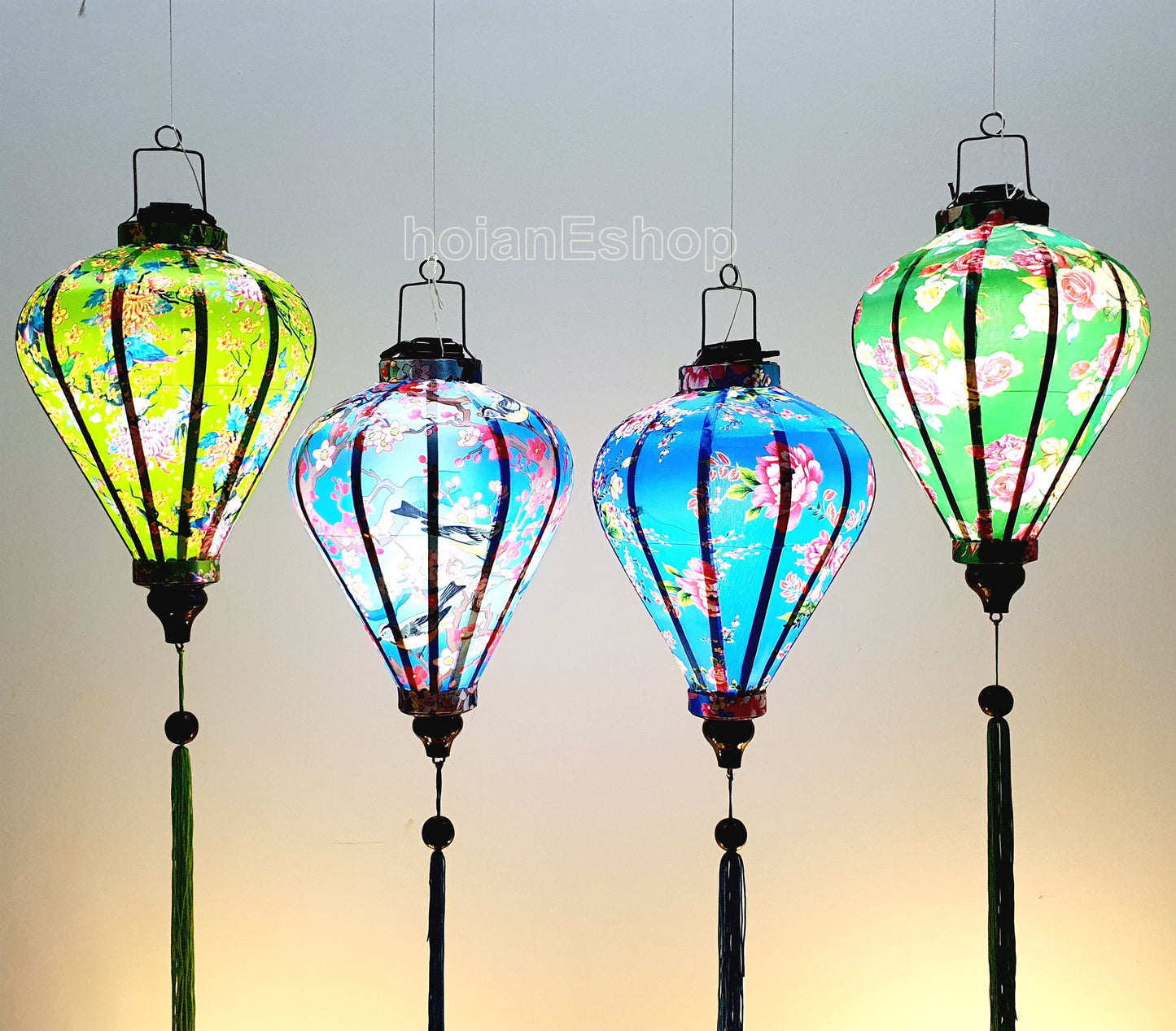 Set of 4 Hoi An bamboo silk lanterns 35cm - Unique 3D printed fabric with flowers - Lanterns for New Year Decor - Wedding decoration idea