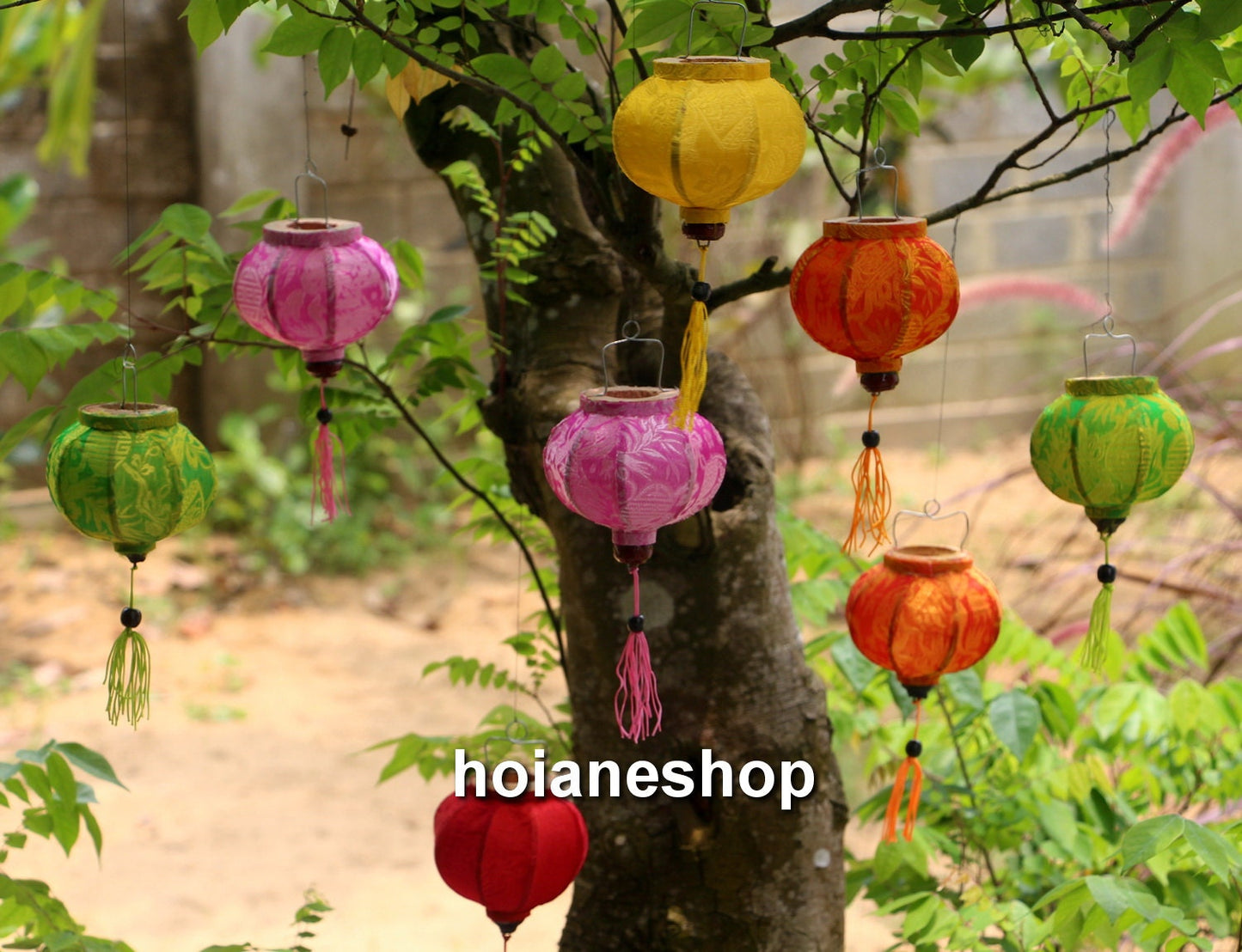 Set of 16 mini bamboo silk lanterns 10cm for pine christmas, Vietnamese bamboo lanterns for garden decorating